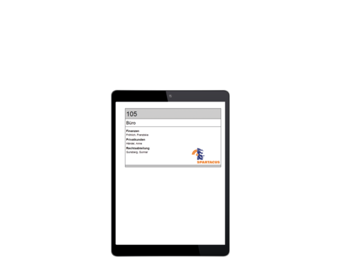 SPARTACUS Umzugsmanagement auf Tablet: Erstellung von T&uuml;rschildern mit Raumnummern sowie Raumbezeichnung anhand des Geb&auml;udemodells inklusive Personalzuordnung