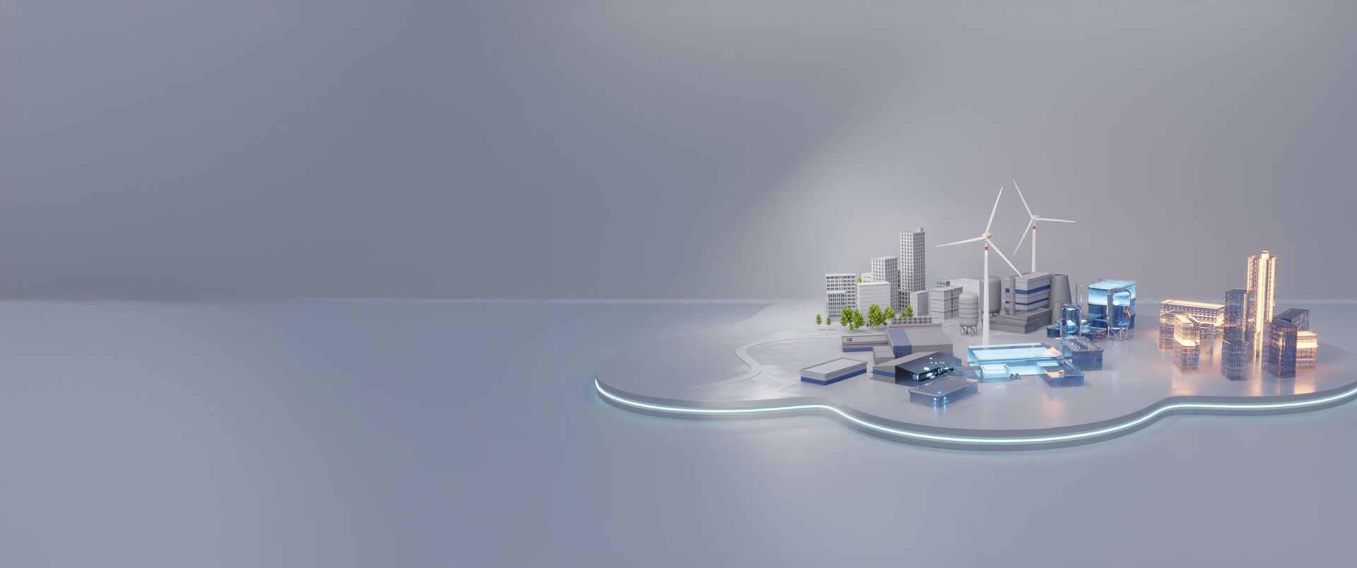 3D-Visualisierung einer vernetzten Industrielandschaft auf einer leuchtenden Plattform als Symbol für die digitalen Services von N+P.