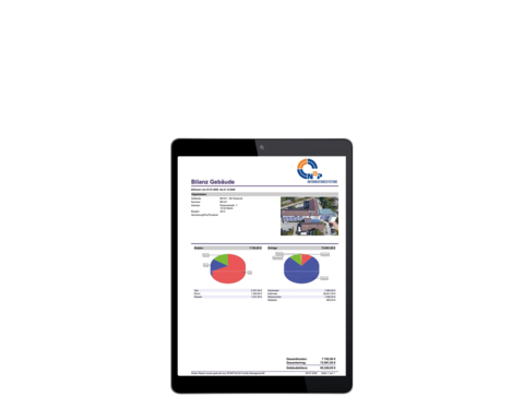 SPARTACUS Facility Management auf Tablet: Report Bilanz Geb&auml;ude &ndash; Kostenverteilung und Kostenverfolgung pro Geb&auml;udekomplex als Kreisdiagramm