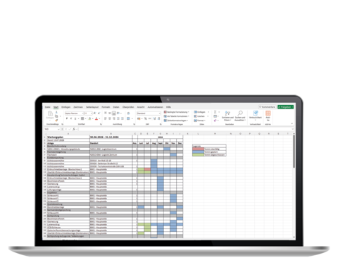 SPARTACUS Instandhaltungsmanagement: Export des Wartungsplans als Excel-Dokument &ndash; farbcodierter Terminplan f&uuml;r technische Anlagen