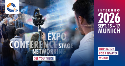 Motiv zur INTERGEO 2026 in M&uuml;nchen mit N+P Logo, Messeaufnahme und INTERGEO Veranstaltungsbranding.